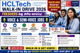 💻 HCLTech Chennai Walk-in 2026: Freshers-க்கு Voice & Semi-Voice Jobs! Backlogs இருந்தாலும் Interview வாய்ப்பு