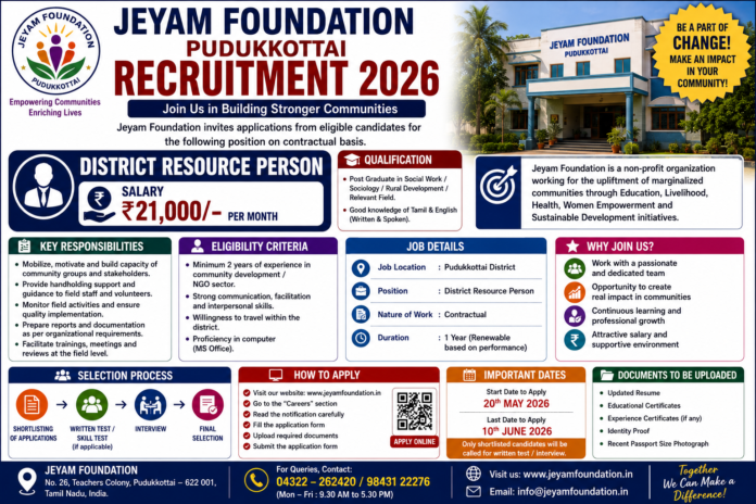 🧑‍💼 Jeyam Foundation Pudukkottai Recruitment 2026: District Resource Person பணிக்கு ₹21,000 சம்பளம்!