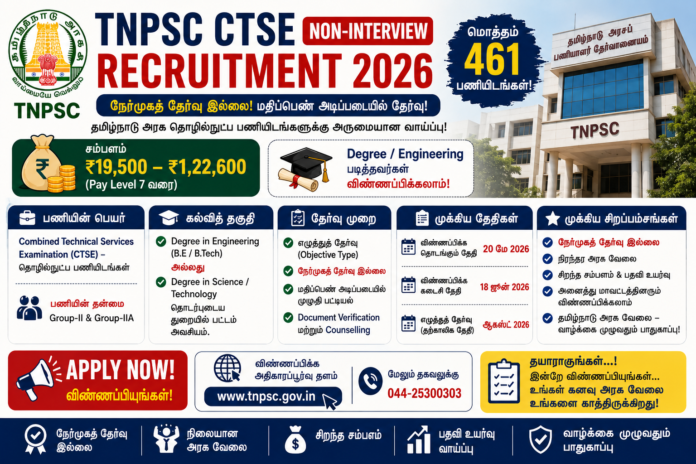 🔥 TNPSC CTSE Non-Interview Recruitment 2026: 461 Technical பணியிடங்கள் – Degree/Engineering Candidates Apply Now!