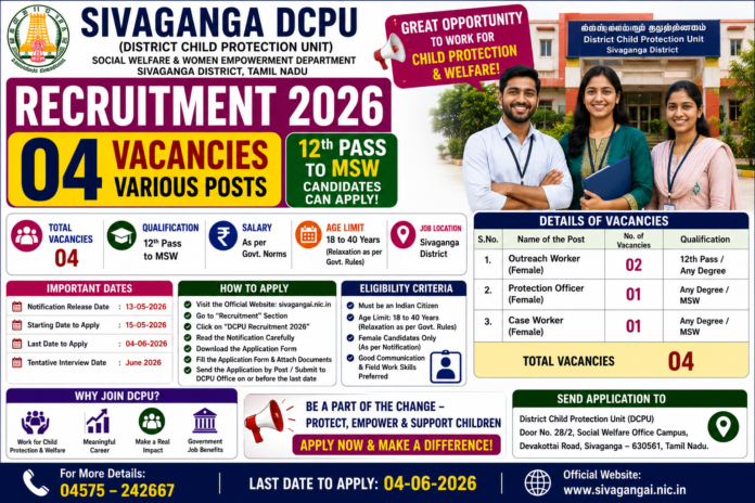 🔥 Sivaganga DCPU Recruitment 2026: 12th Pass முதல் MSW வரை Apply – Outreach Worker & Protection Officer வேலைவாய்ப்பு!