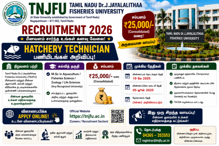 🐟 TNJFU Recruitment 2026: ₹25,000 சம்பளத்தில் Hatchery Technician வேலை – M.Sc Candidates உடனே Apply பண்ணுங்க!