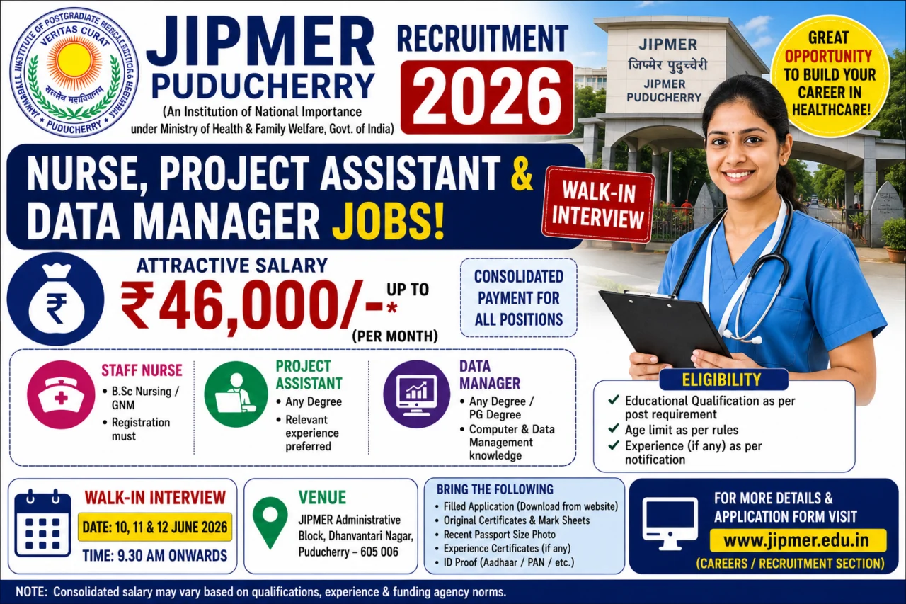 🏥 JIPMER Puducherry Recruitment 2026 – Nurse, Project Assistant & Data Manager Jobs! ₹46,000 வரை சம்பளம்