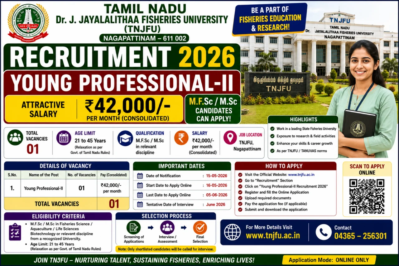 🔥 TNJFU Nagapattinam Recruitment 2026: ₹42,000 சம்பளத்தில் Young Professional-II வேலை – M.F.Sc / M.Sc Candidates Apply!
