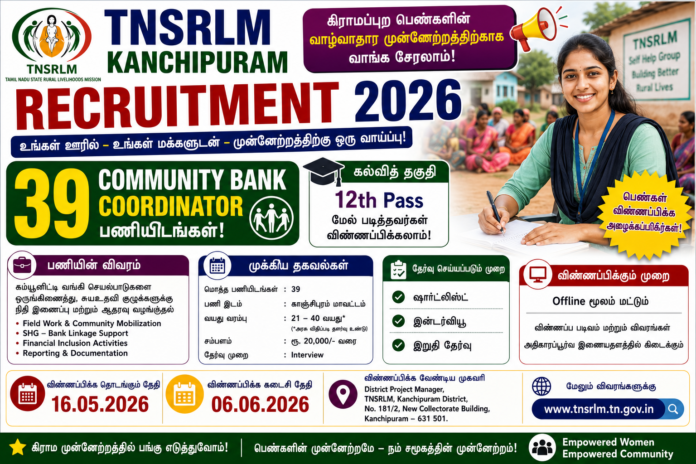 👩‍💼 TNSRLM Kanchipuram Recruitment 2026: 12th Pass-க்கு 39 Community Bank Coordinator பணியிடங்கள்!