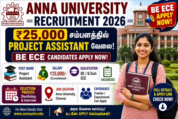 📡 Anna University Recruitment 2026: ₹25,000 சம்பளத்தில் Project Assistant வேலை – BE ECE Apply!