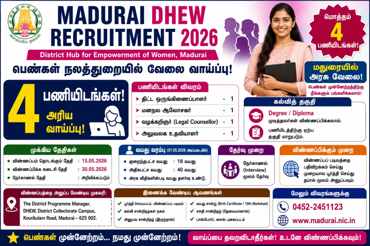👩💼 Madurai DHEW Recruitment 2026: பெண்கள் நலத்துறையில் 4 பணியிடங்கள்! Degree, Diploma முடித்தவர்களுக்கு வாய்ப்பு