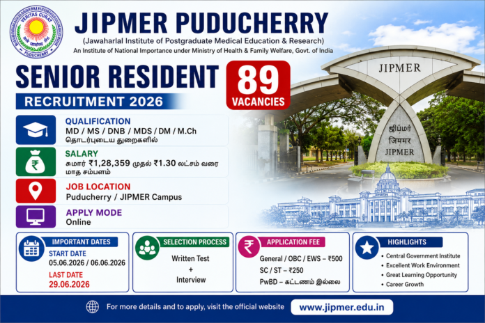 🏥 JIPMER Puducherry Recruitment 2026: Senior Resident பணிக்கு ₹1.28 லட்சம் சம்பளம் – உடனே Apply பண்ணுங்க!
