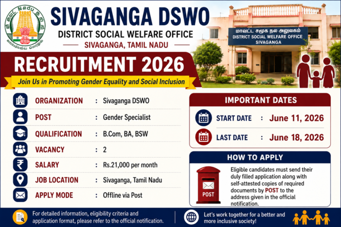 சிவகங்கை DSWO Recruitment 2026 🔔 Gender Specialist வேலைவாய்ப்பு | ₹21,000 சம்பளம்!