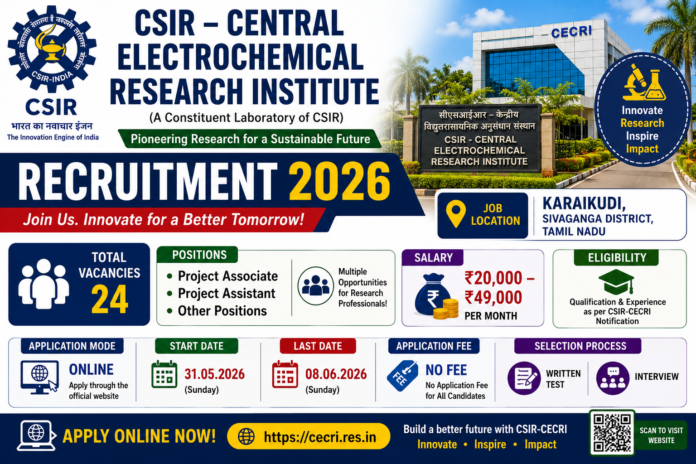 🔬 CECRI Karaikudi Recruitment 2026: Project Associate, Project Assistant பணிக்கு 24 காலியிடங்கள்!