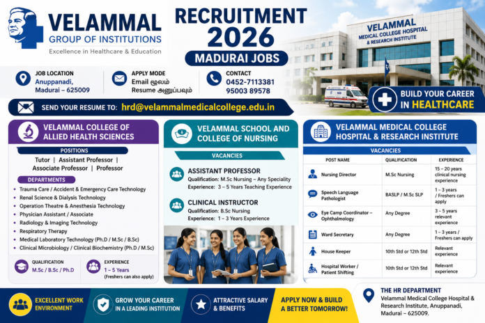 *Velammal Hospital Recruitment 2026 🏥 Madurai Jobs | Nursing, Professor, Hospital Worker Posts*