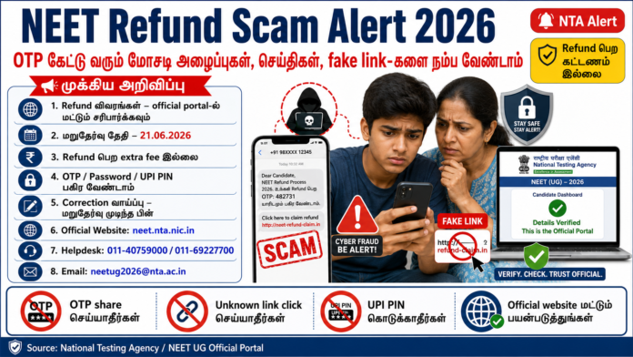 🚨 NEET Refund Scam Alert 2026: OTP கேட்கும் மோசடி அழைப்புகளை நம்ப வேண்டாம் – NTA எச்சரிக்கை!