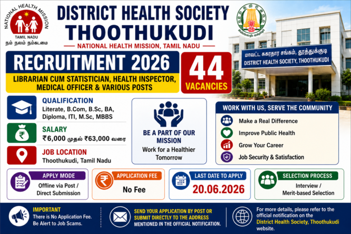 🏥 Thoothukudi DHS Recruitment 2026: 44 மருத்துவ பணியிடங்கள் – Health Inspector, Medical Officer வேலைவாய்ப்பு!