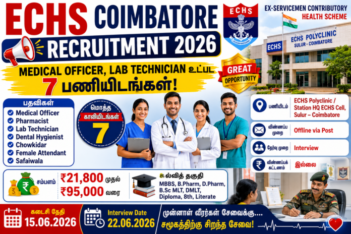🏥 ECHS Coimbatore Recruitment 2026: Medical Officer, Lab Technician உட்பட 7 பணியிடங்கள்!