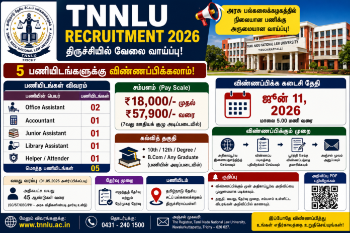 ⚖️ TNNLU Recruitment 2026: திருச்சியில் Office Assistant, Accountant உட்பட 5 பணியிடங்கள்!