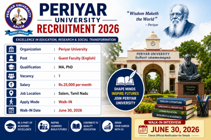 🎓 Periyar University Recruitment 2026 – Guest Faculty English வேலை | Salary ₹30,000!