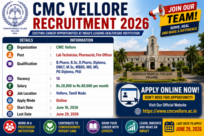 🏥 CMC Vellore Recruitment 2026: Lab Technician, Pharmacist, Fire Officer உள்ளிட்ட 16 பணியிடங்கள்!