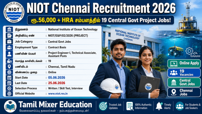 🌊 NIOT Chennai Recruitment 2026: ரூ.56,000 + HRA சம்பளத்தில் 19 Central Govt Project Jobs!