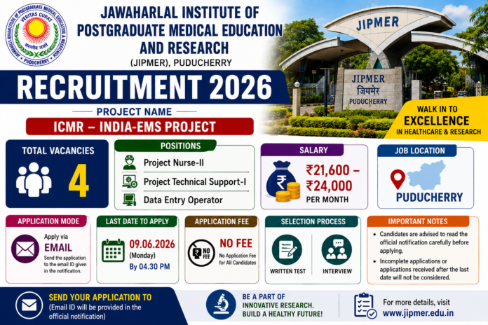 🏥 JIPMER Puducherry Recruitment 2026: DEO, Project Nurse-II பணிக்கு விண்ணப்பிக்கலாம் – ₹24,000 வரை சம்பளம்!