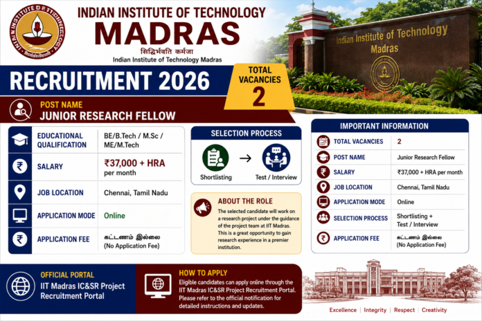 🎓 IIT Madras Recruitment 2026: ₹37,000 + HRA சம்பளத்தில் 2 JRF வேலைவாய்ப்பு!