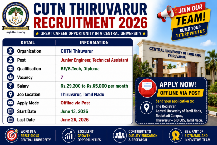 🏫 CUTN Recruitment 2026: திருவாரூர் மத்திய பல்கலைக்கழகத்தில் ₹65,000 வரை சம்பளத்தில் வேலைவாய்ப்பு!