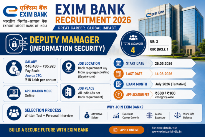 🏦 Exim Bank Recruitment 2026: Deputy Manager பணிக்கு IT Candidates விண்ணப்பிக்கலாம் – ₹85,920 வரை சம்பளம்!