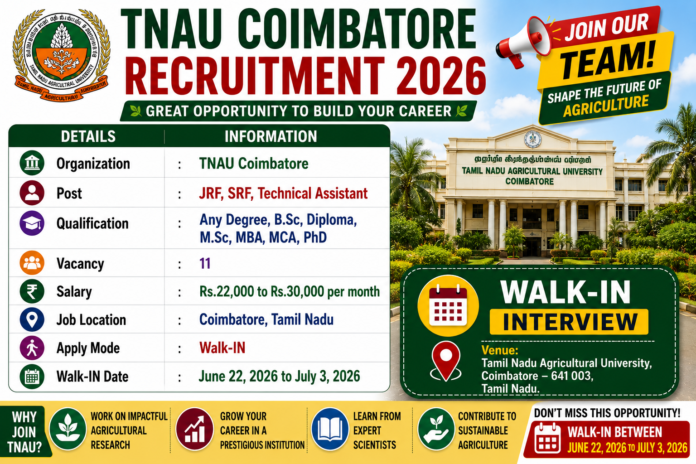 🌾 TNAU Coimbatore Recruitment 2026: JRF, SRF, Technical Assistant உள்ளிட்ட 11 பணியிடங்கள்!