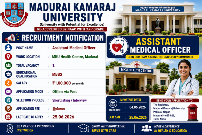 🩺 MKU Recruitment 2026: ரூ.1,00,000 சம்பளத்தில் Assistant Medical Officer வேலை!