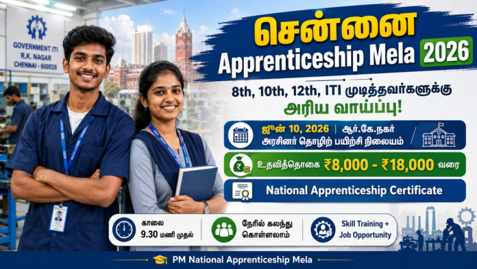 🌟 சென்னை Apprenticeship Mela 2026: 8th, 10th, 12th, ITI முடித்தவர்களுக்கு ₹18,000 வரை உதவித்தொகை!