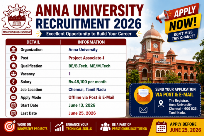🎓 Anna University Recruitment 2026: ₹48,100 சம்பளத்தில் Project Associate-I வேலைவாய்ப்பு!