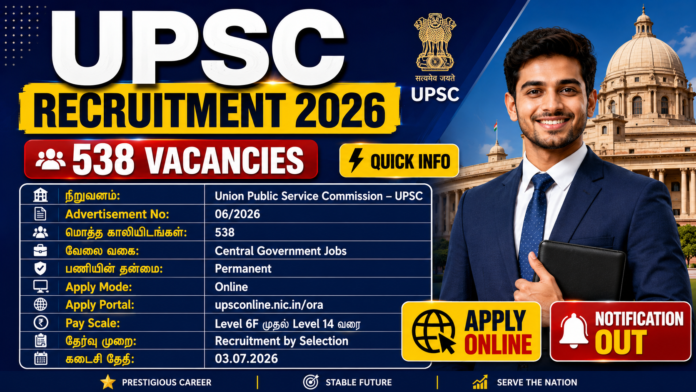 🔥 UPSC Recruitment 2026: 538 மத்திய அரசு வேலைவாய்ப்பு அறிவிப்பு வெளியீடு! | Level 6 முதல் Level 14 வரை சம்பளம்