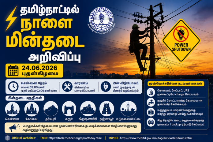 ⚡ நாளை மின்தடை அறிவிப்பு! கோவை, சென்னை, தர்மபுரி உட்பட பல மாவட்டங்களில் Power Shutdown