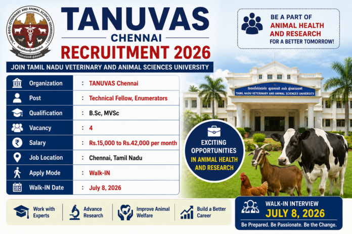 🐄 TANUVAS Chennai Recruitment 2026 – Technical Fellow & Enumerators வேலை | Salary ₹42,000 வரை!