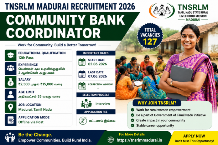 🌾 TNSRLM Madurai Recruitment 2026: மதுரையில் 127 Community Bank Coordinator பணியிடங்கள்!