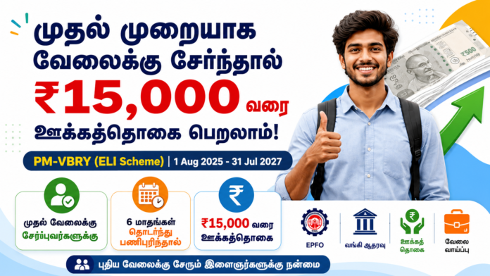 *🔥 முதல் முறையாக வேலையில் சேர்ந்தால் ₹15,000 வரை ஊக்கத்தொகை! PM-VBRY / ELI Scheme 2026 முழு விவரம்*