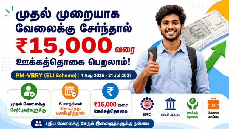 *🔥 முதல் முறையாக வேலையில் சேர்ந்தால் ₹15,000 வரை ஊக்கத்தொகை! PM-VBRY / ELI Scheme 2026 முழு விவரம்*