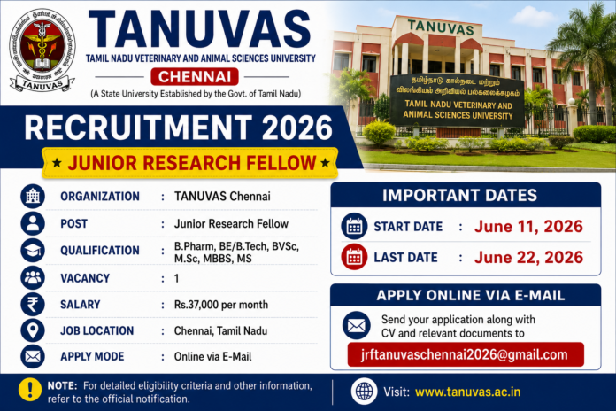 TANUVAS Chennai Recruitment 2026 🔔 JRF வேலைவாய்ப்பு | ₹37,000 சம்பளம்!