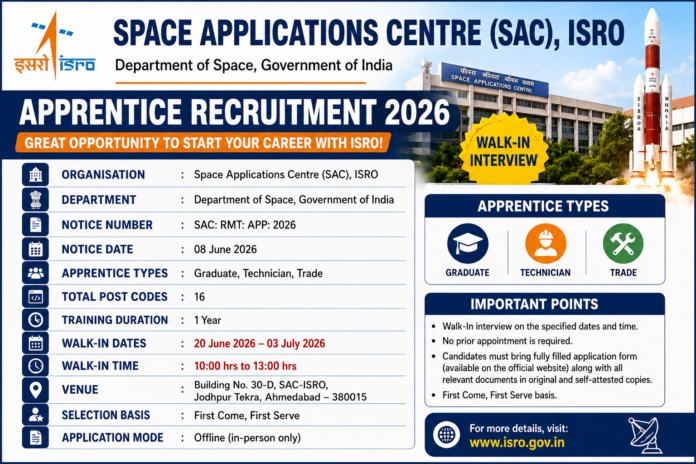 SAC ISRO Apprentice Recruitment 2026 🚀 Degree / Diploma / ITI முடித்தவர்களுக்கு ISRO Apprenticeship வாய்ப்பு!