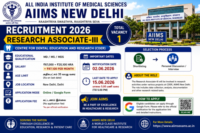 🧬 AIIMS New Delhi Recruitment 2026: ₹87,100 சம்பளத்தில் Research Associate-III வேலை!