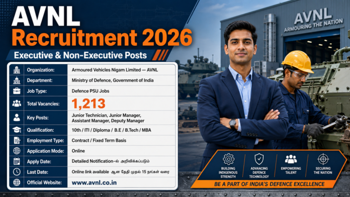 🛡️ AVNL Recruitment 2026: 1,213 Junior Technician, Junior Manager வேலைவாய்ப்பு | Apply Online Soon!