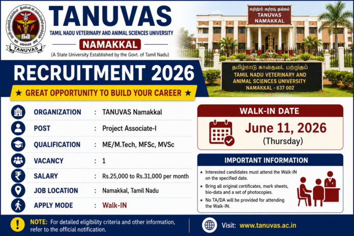 TANUVAS Namakkal Recruitment 2026 🔔 Project Associate-I வேலைவாய்ப்பு | ₹31,000 வரை சம்பளம்!