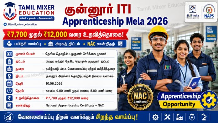 🔥 குன்னூர் ITI Apprenticeship Mela 2026: ₹7,700 முதல் ₹12,000 வரை உதவித்தொகையுடன் பயிற்சி வாய்ப்பு!