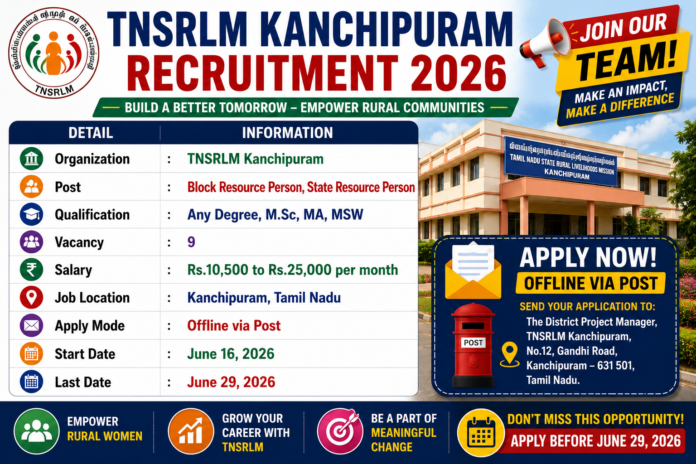 🌸 TNSRLM Kanchipuram Recruitment 2026: மகளிர் திட்டத்தில் ₹25,000 வரை சம்பளத்தில் வேலைவாய்ப்பு!