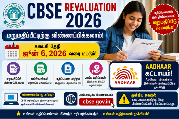 *📝 CBSE Revaluation 2026: மறுமதிப்பீட்டிற்கு ஜூன் 6 வரை விண்ணப்பிக்கலாம் – Aadhaar கட்டாயம்!*