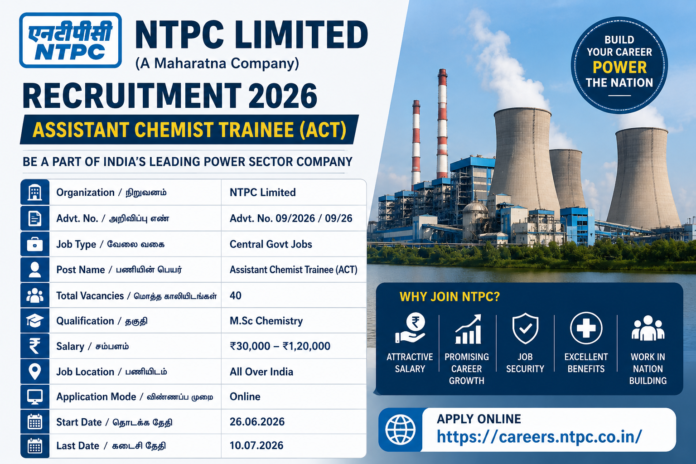⚡ NTPC Recruitment 2026: M.Sc Chemistry படித்தவர்களுக்கு Assistant Chemist Trainee வேலைவாய்ப்பு!
