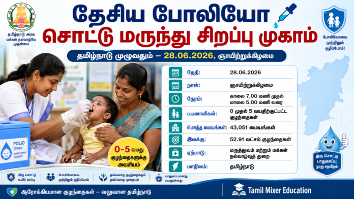 💧 ஜூன் 28ல் போலியோ சொட்டு மருந்து முகாம்! 5 வயதுக்குட்பட்ட குழந்தைகளுக்கு கட்டாயம் போடுங்கள்