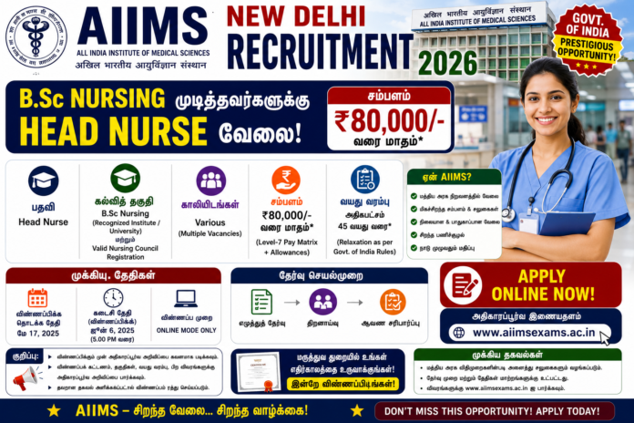 🏥 AIIMS New Delhi Recruitment 2026: B.Sc Nursing முடித்தவர்களுக்கு Head Nurse வேலை – ₹80,000 சம்பளம்!