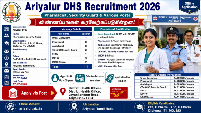 🏥 Ariyalur DHS Recruitment 2026 – 8th Pass முதல் Degree வரை வேலைவாய்ப்பு! ₹60,000 வரை சம்பளம்
