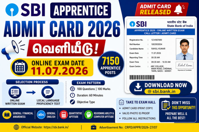 🏦 SBI Apprentice Admit Card 2026 வெளியீடு | 7150 பணியிடங்கள் – Hall Ticket Download Link!