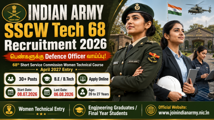 Indian Army SSCW Tech 68 Recruitment 2026: பெண்களுக்கு Army Officer வாய்ப்பு! 30+ Posts – Online Apply