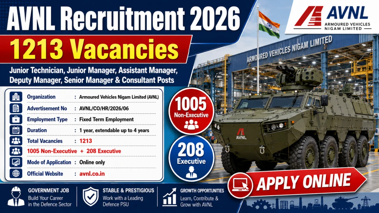 AVNL Recruitment 2026: பாதுகாப்புத் துறையில் 1,213 காலியிடங்கள் – ITI முதல் Engineering வரை Apply Online! 🛡️